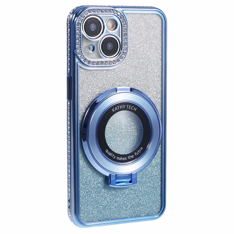 For iPhone 15 Plus Gradient Case Kickstand Shiny Rhinestone Decor TPU Phone Cover - Blue