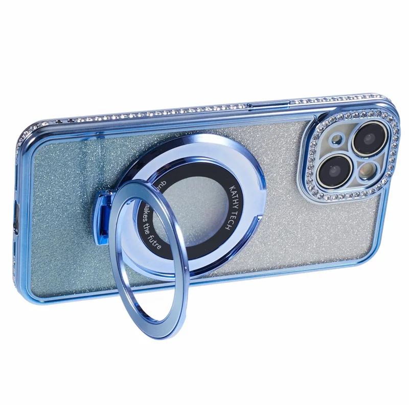 For iPhone 15 Plus Gradient Case Kickstand Shiny Rhinestone Decor TPU Phone Cover - Blue