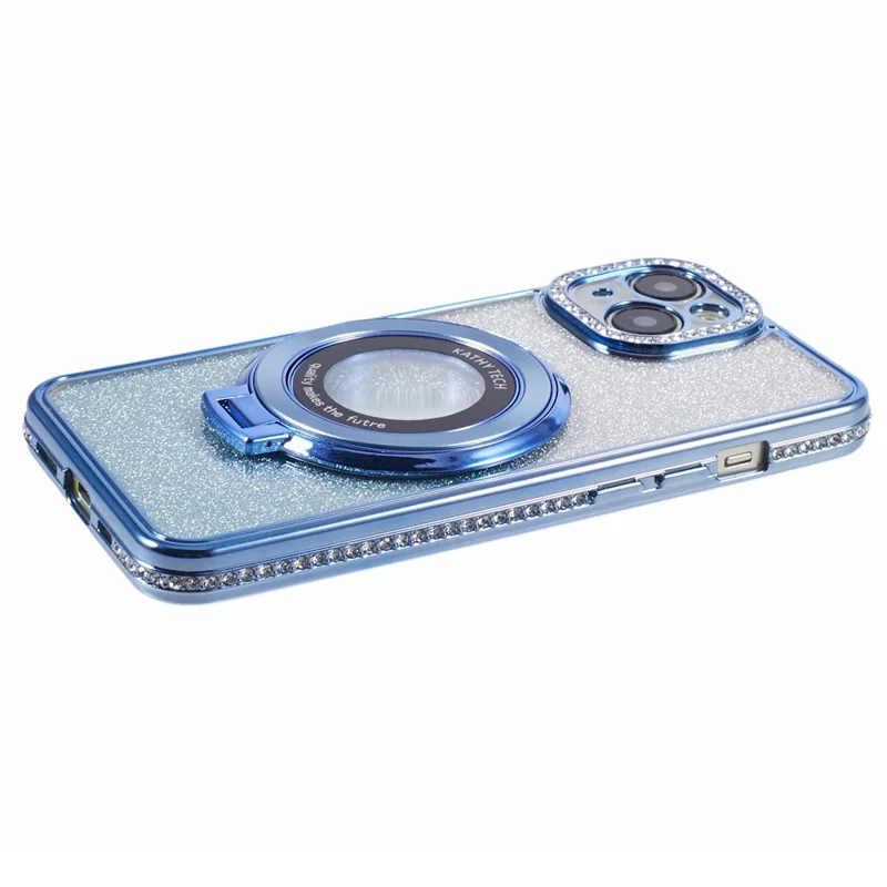 For iPhone 15 Plus Gradient Case Kickstand Shiny Rhinestone Decor TPU Phone Cover - Blue
