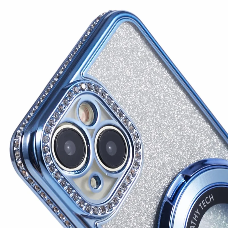 For iPhone 15 Plus Gradient Case Kickstand Shiny Rhinestone Decor TPU Phone Cover - Blue