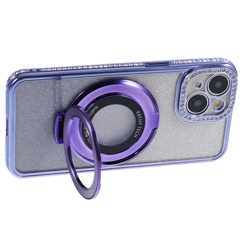 Folia do iPhone 15 Plus z gradientem, z podpórką, błyszczącą ozdobą z kryształków, pokrowiec z miękkiego TPU – ciemnopurpurowy