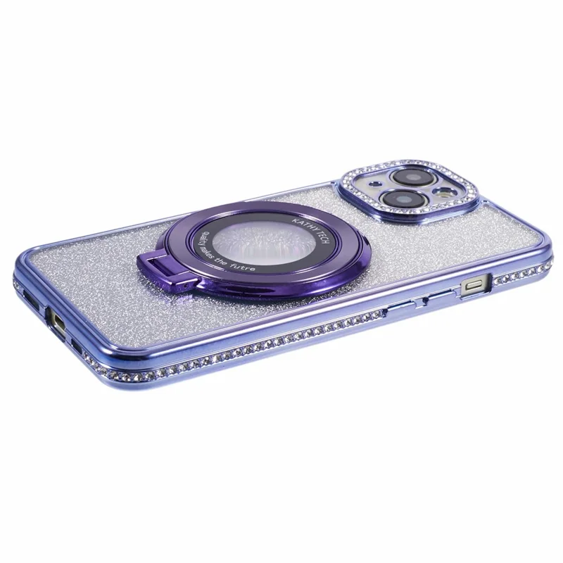 Folia do iPhone 15 Plus z gradientem, z podpórką, błyszczącą ozdobą z kryształków, pokrowiec z miękkiego TPU – ciemnopurpurowy