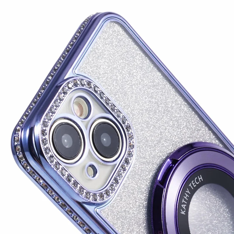 Folia do iPhone 15 Plus z gradientem, z podpórką, błyszczącą ozdobą z kryształków, pokrowiec z miękkiego TPU – ciemnopurpurowy