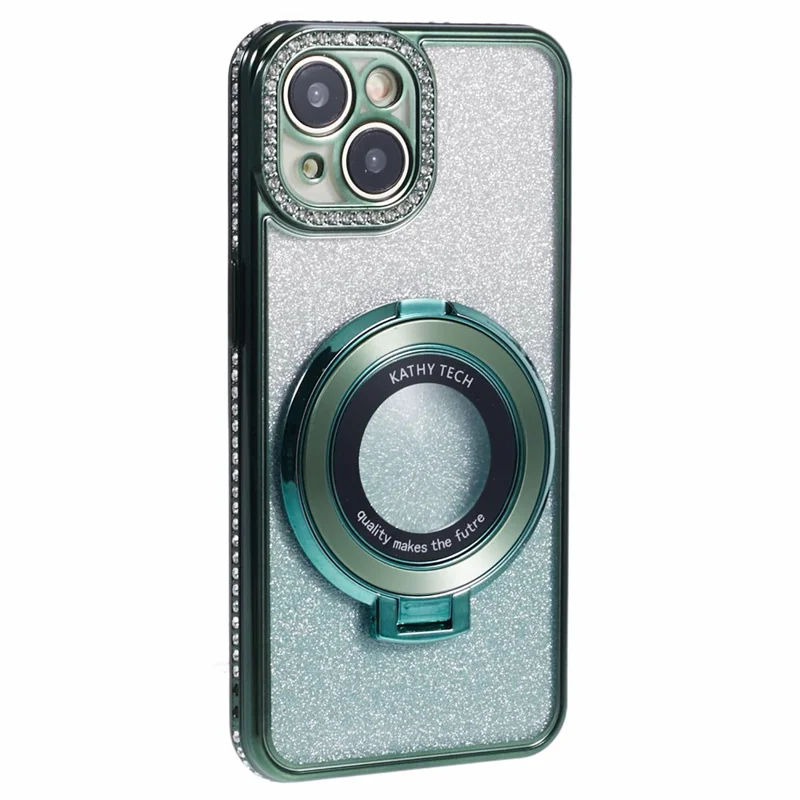 For iPhone 15 Plus Gradient Case Kickstand Shiny Rhinestone Decor TPU Phone Cover - Midnight Green