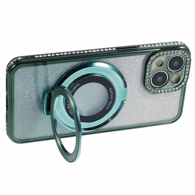 For iPhone 15 Plus Gradient Case Kickstand Shiny Rhinestone Decor TPU Phone Cover - Midnight Green