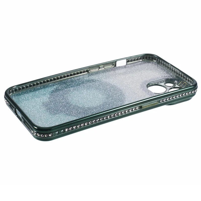 For iPhone 15 Plus Gradient Case Kickstand Shiny Rhinestone Decor TPU Phone Cover - Midnight Green