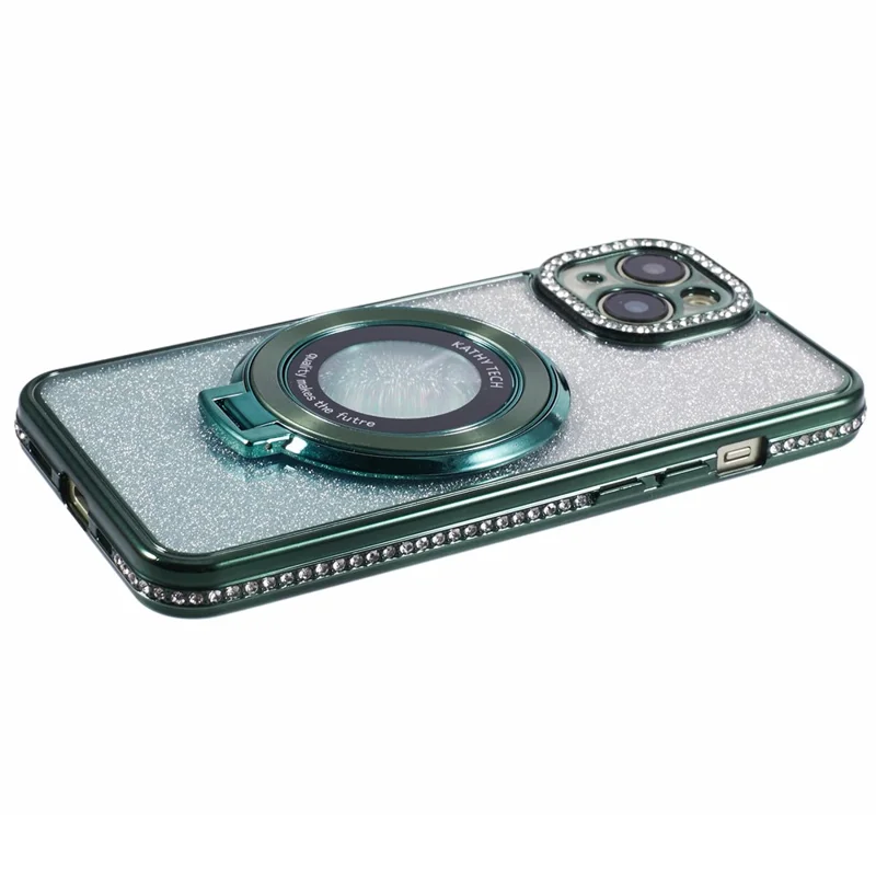 For iPhone 15 Plus Gradient Case Kickstand Shiny Rhinestone Decor TPU Phone Cover - Midnight Green