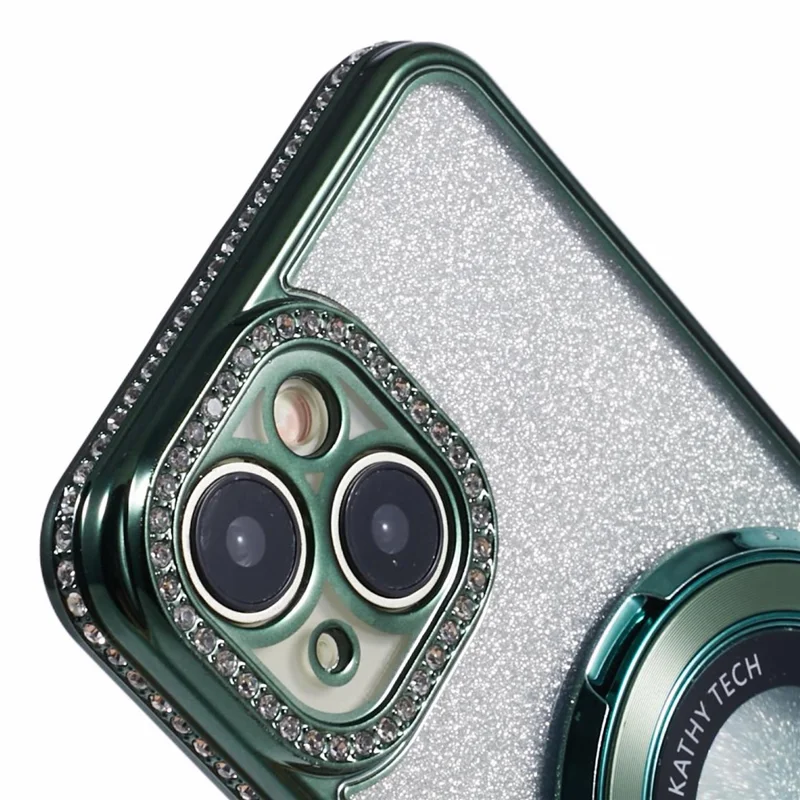 For iPhone 15 Plus Gradient Case Kickstand Shiny Rhinestone Decor TPU Phone Cover - Midnight Green