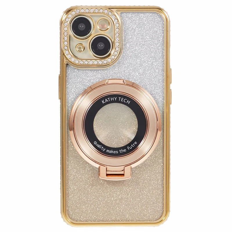 For iPhone 15 Plus Gradient Case Kickstand Shiny Rhinestone Decor TPU Phone Cover - Gold