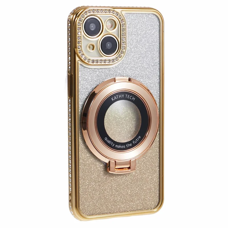 For iPhone 15 Plus Gradient Case Kickstand Shiny Rhinestone Decor TPU Phone Cover - Gold