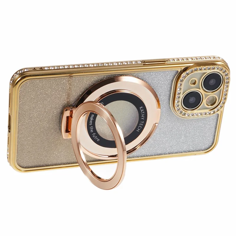 For iPhone 15 Plus Gradient Case Kickstand Shiny Rhinestone Decor TPU Phone Cover - Gold