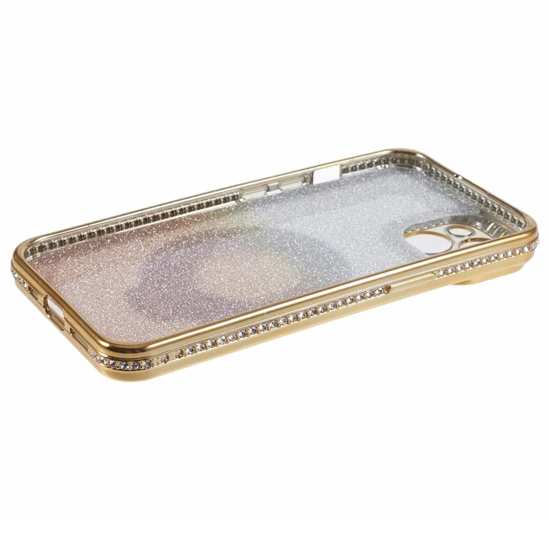 For iPhone 15 Plus Gradient Case Kickstand Shiny Rhinestone Decor TPU Phone Cover - Gold