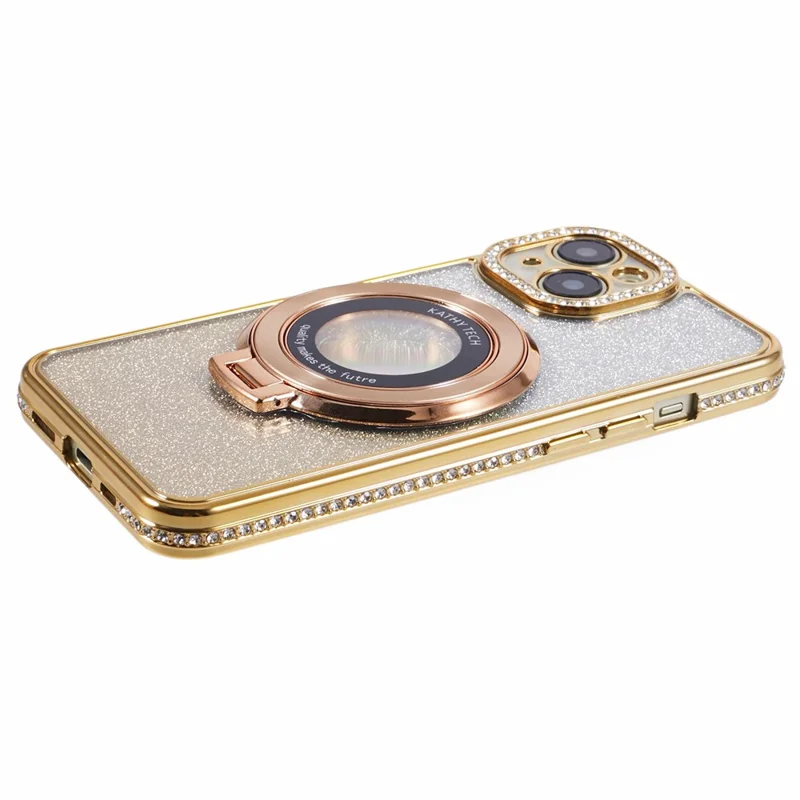 For iPhone 15 Plus Gradient Case Kickstand Shiny Rhinestone Decor TPU Phone Cover - Gold