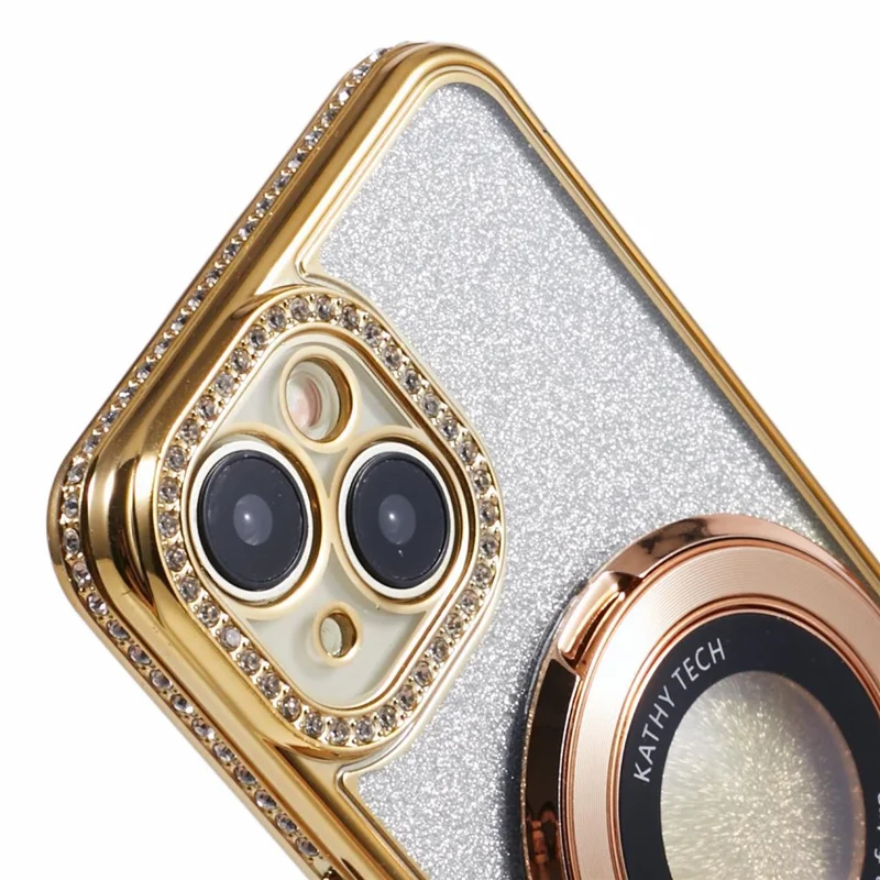 For iPhone 15 Plus Gradient Case Kickstand Shiny Rhinestone Decor TPU Phone Cover - Gold
