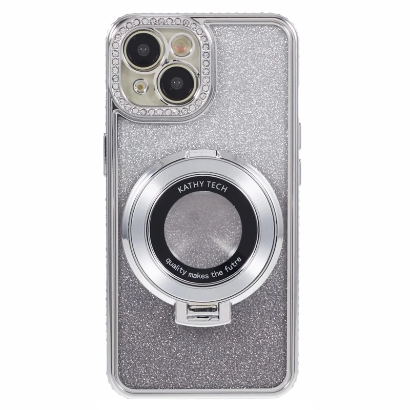 For iPhone 13 Kickstand Case Rhinestone Decor Gradient TPU Phone Cover - Silver