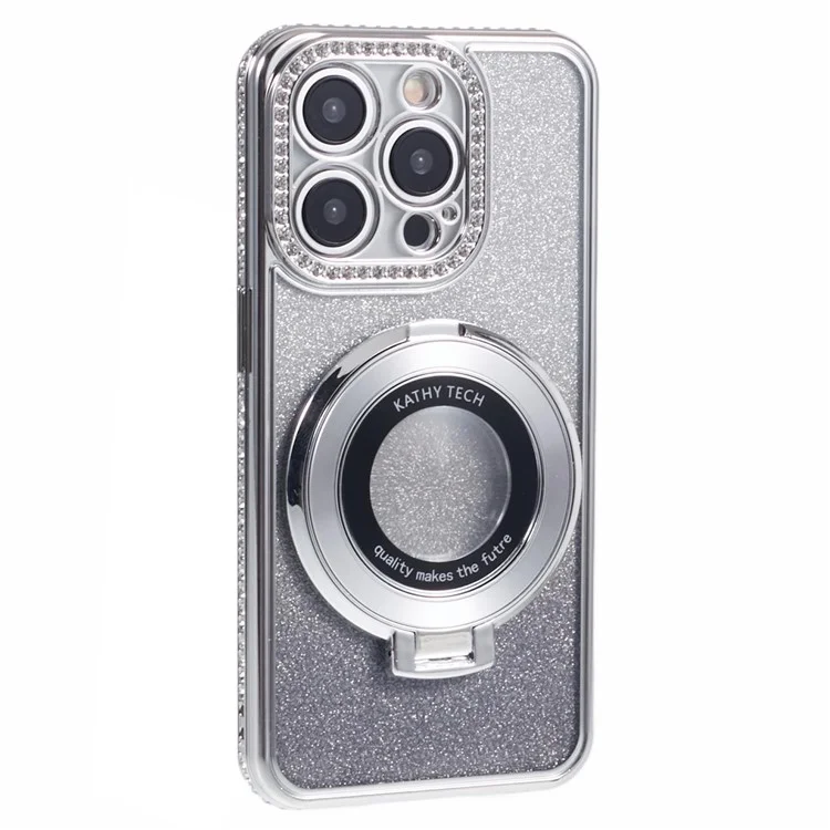 For iPhone 12 Pro Max TPU Case Gradient Kickstand Cover with Rhinestone Lens Frame - Silver