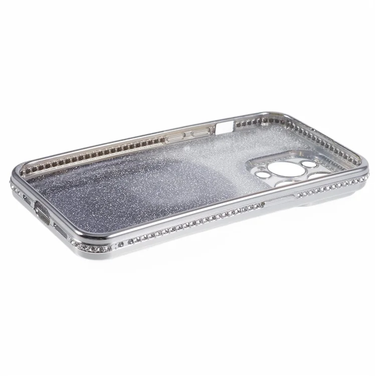 For iPhone 12 Pro Max TPU Case Gradient Kickstand Cover with Rhinestone Lens Frame - Silver