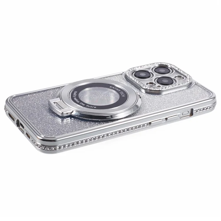 For iPhone 12 Pro Max TPU Case Gradient Kickstand Cover with Rhinestone Lens Frame - Silver