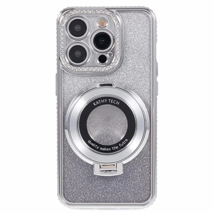 Per iPhone 15 Pro Max Ring Holder Case Rhinestone Decor Glitter Sparkle TPU Phone Cover - Argento