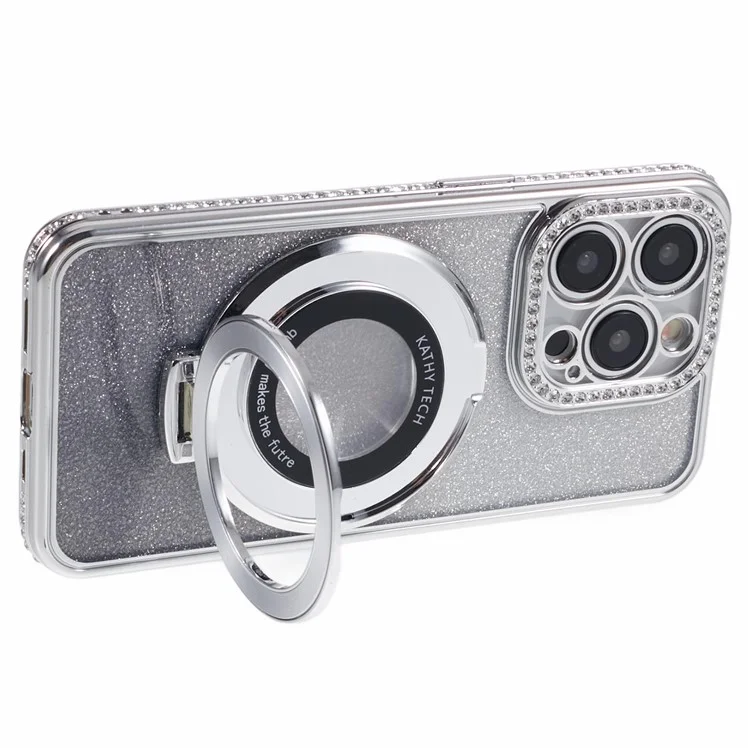 Per iPhone 15 Pro Max Ring Holder Case Rhinestone Decor Glitter Sparkle TPU Phone Cover - Argento