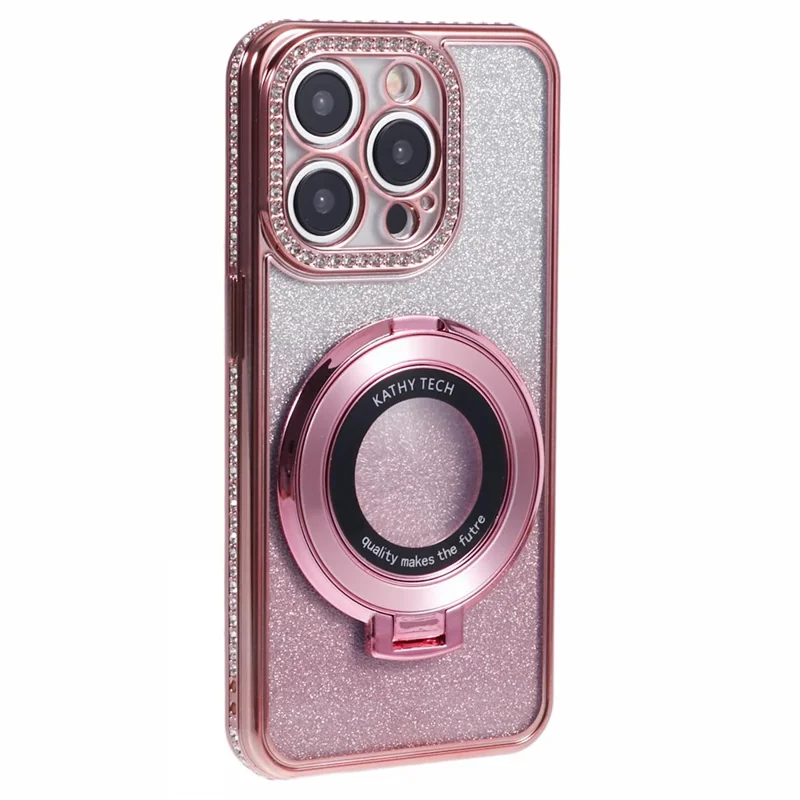 For iPhone 15 Pro Max Ring Holder Case Rhinestone Decor Glitter Sparkle TPU Phone Cover - Rose Gold