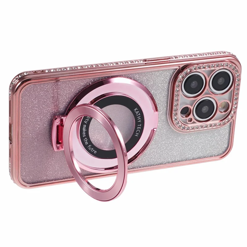 For iPhone 15 Pro Max Ring Holder Case Rhinestone Decor Glitter Sparkle TPU Phone Cover - Rose Gold