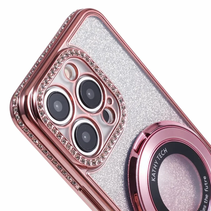 For iPhone 15 Pro Max Ring Holder Case Rhinestone Decor Glitter Sparkle TPU Phone Cover - Rose Gold
