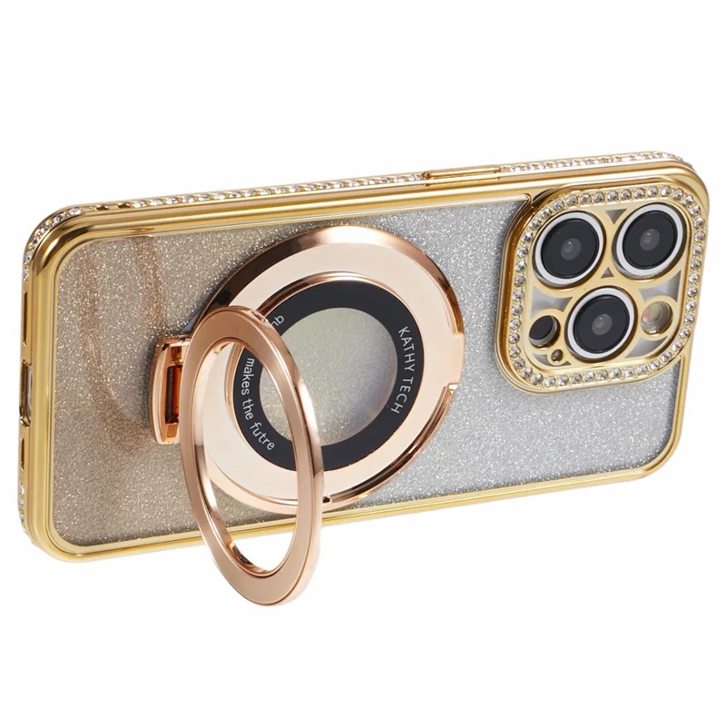 Per iPhone 15 Pro Max Ring Holder Case Rhinestone Decor Glitter Sparkle TPU Phone Cover - Oro
