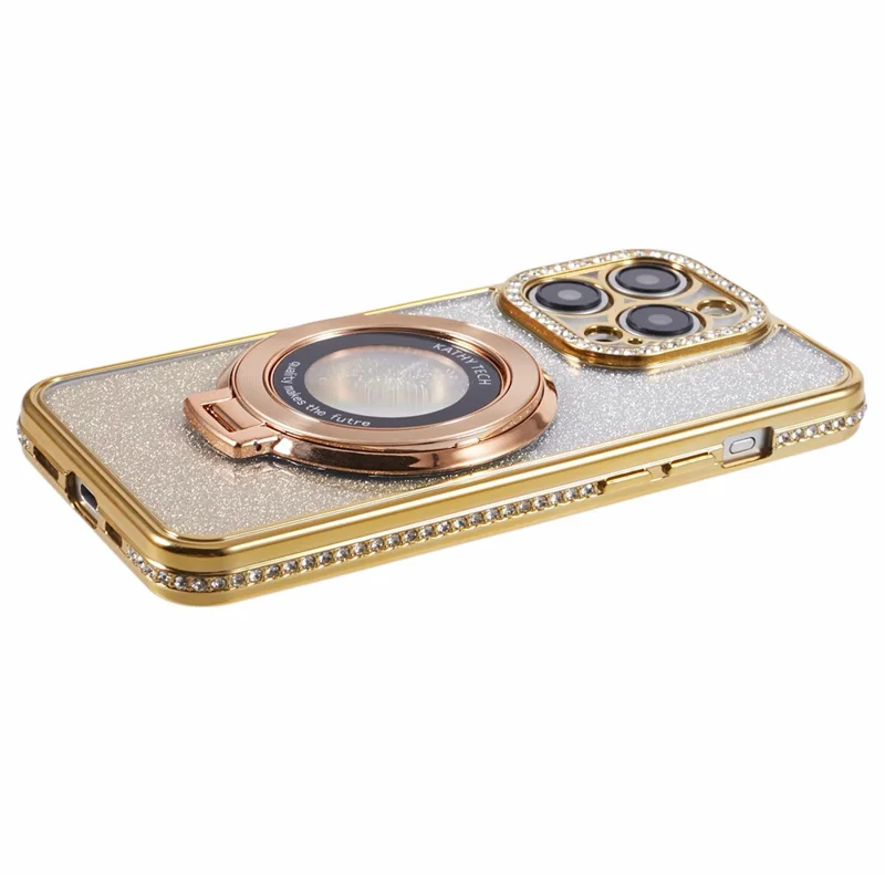 Per iPhone 15 Pro Max Ring Holder Case Rhinestone Decor Glitter Sparkle TPU Phone Cover - Oro