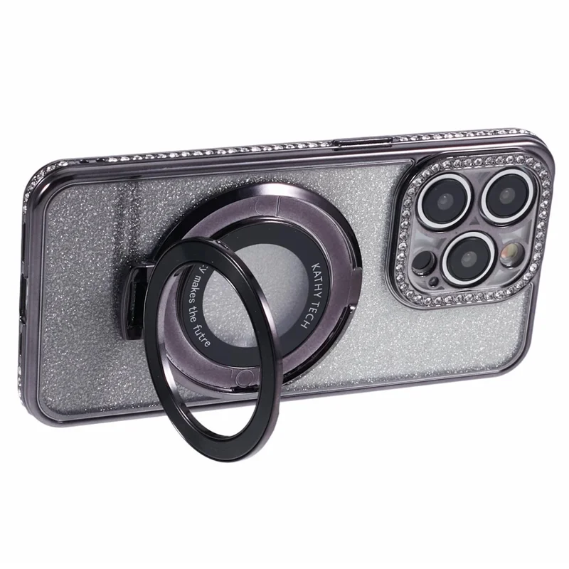 Custodia per iPhone 15 Pro Max con supporto ad anello, decorazione con strass e brillantini, cover in TPU glitterata - Nero