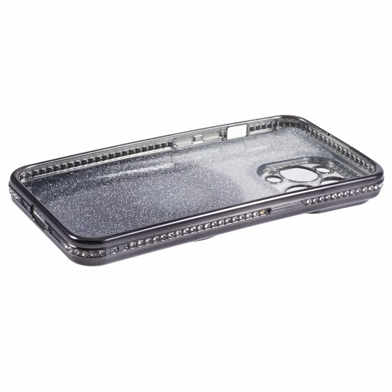 Custodia per iPhone 15 Pro Max con supporto ad anello, decorazione con strass e brillantini, cover in TPU glitterata - Nero