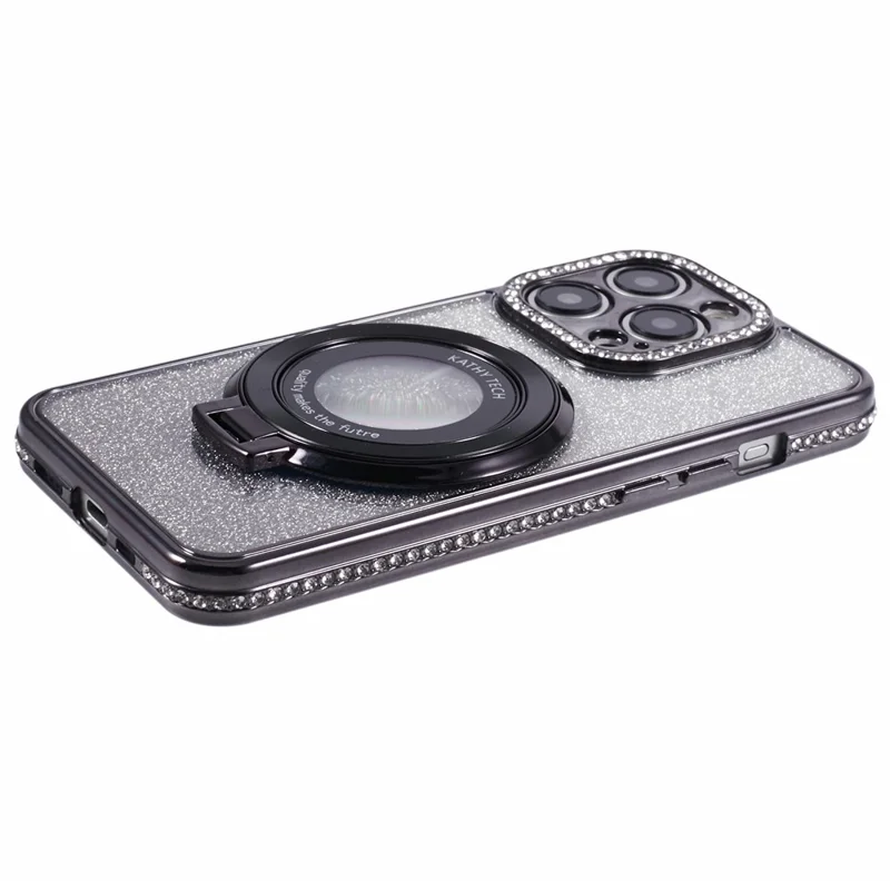 Custodia per iPhone 15 Pro Max con supporto ad anello, decorazione con strass e brillantini, cover in TPU glitterata - Nero