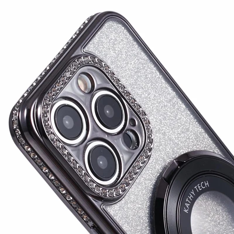 Custodia per iPhone 15 Pro Max con supporto ad anello, decorazione con strass e brillantini, cover in TPU glitterata - Nero