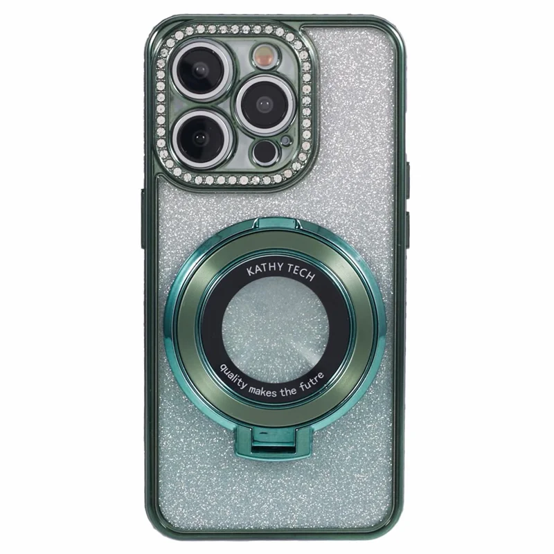 Für iPhone 15 Pro Max Ring Halter Hülle Rhinestone Dekor Glitzer Funkeln TPU Handyhülle - Mitternachtsgrün