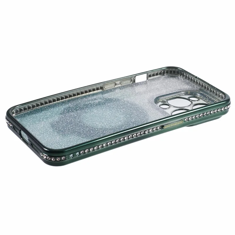 Für iPhone 15 Pro Max Ring Halter Hülle Rhinestone Dekor Glitzer Funkeln TPU Handyhülle - Mitternachtsgrün