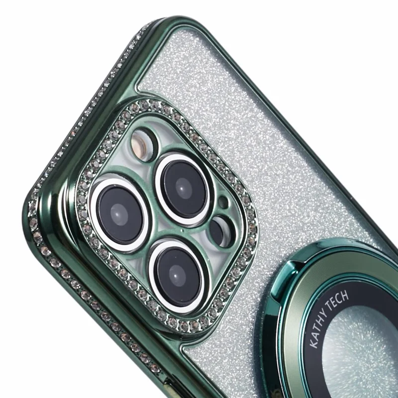 Für iPhone 15 Pro Max Ring Halter Hülle Rhinestone Dekor Glitzer Funkeln TPU Handyhülle - Mitternachtsgrün