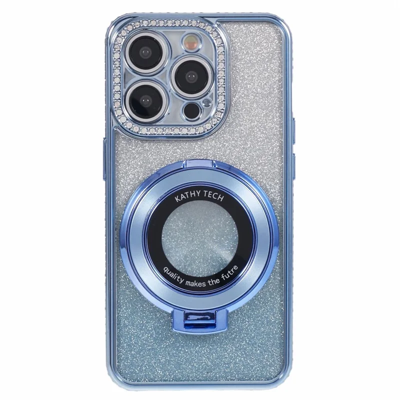 For iPhone 15 Pro Max Ring Holder Case Rhinestone Decor Glitter Sparkle TPU Phone Cover - Blue