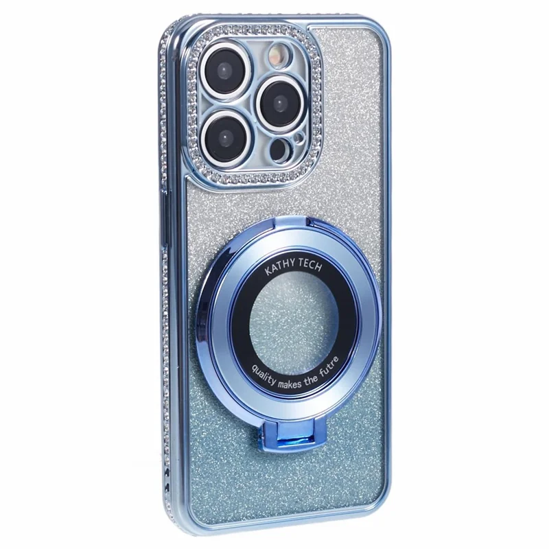 For iPhone 15 Pro Max Ring Holder Case Rhinestone Decor Glitter Sparkle TPU Phone Cover - Blue