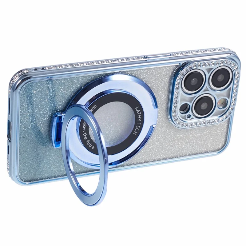 For iPhone 15 Pro Max Ring Holder Case Rhinestone Decor Glitter Sparkle TPU Phone Cover - Blue