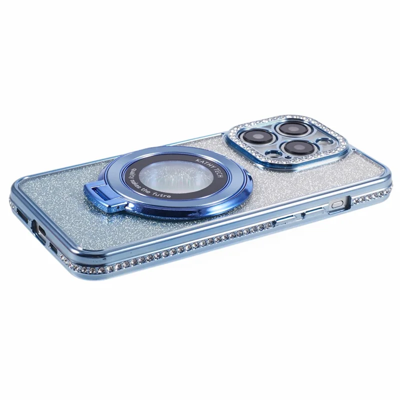 For iPhone 15 Pro Max Ring Holder Case Rhinestone Decor Glitter Sparkle TPU Phone Cover - Blue