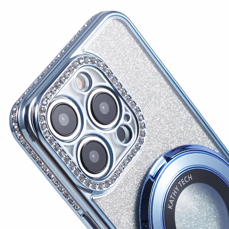 For iPhone 15 Pro Max Ring Holder Case Rhinestone Decor Glitter Sparkle TPU Phone Cover - Blue