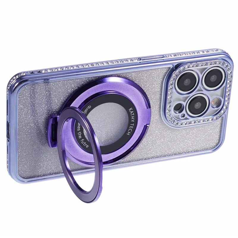 Funda de teléfono con anillo y diamantes para iPhone 15 Pro Max - Púrpura oscuro