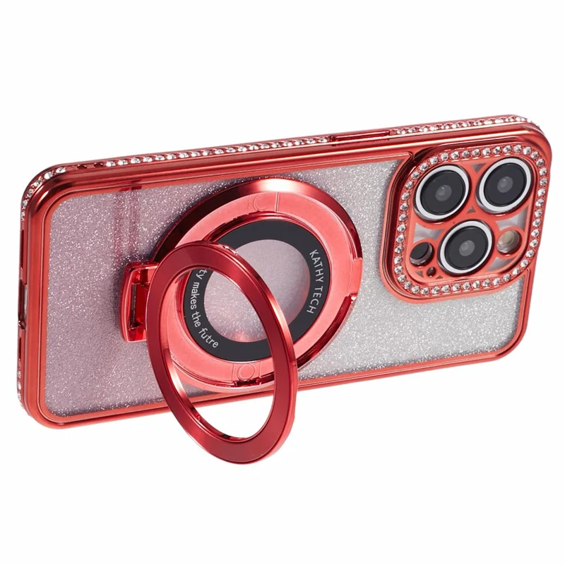 Para iPhone 15 Pro Max Capa com Suporte de Anel Decorada com Strass - Vermelha