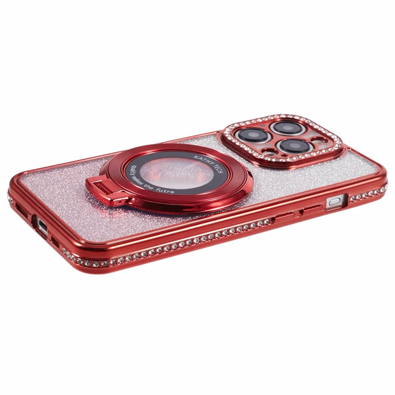 Para iPhone 15 Pro Max Capa com Suporte de Anel Decorada com Strass - Vermelha