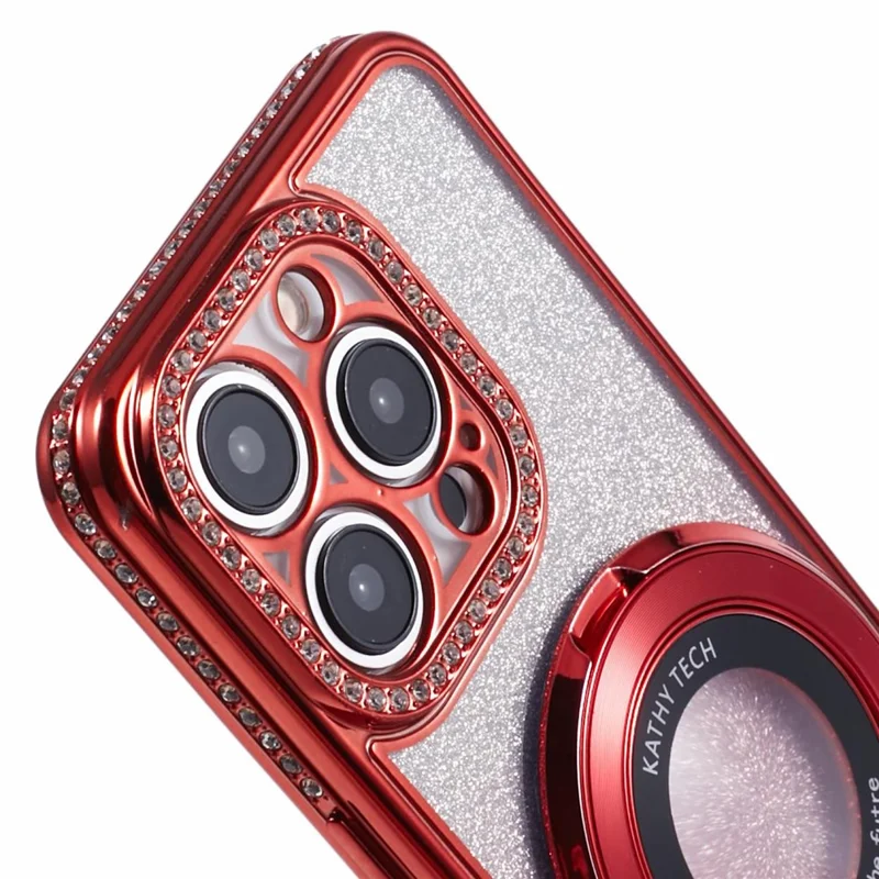 Para iPhone 15 Pro Max Capa com Suporte de Anel Decorada com Strass - Vermelha