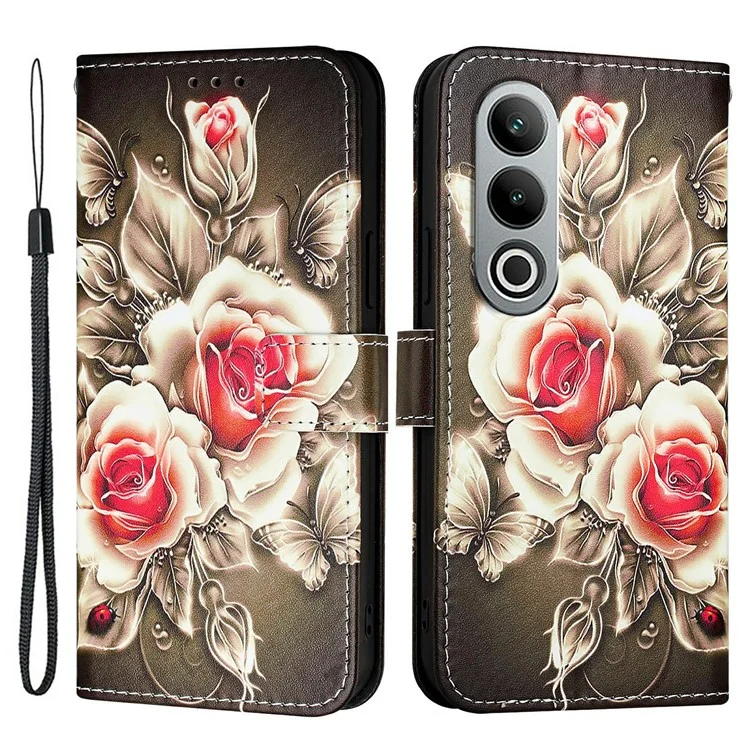 For OnePlus Nord CE4 5G Leather Case with Strap and Card Holder Pattern Printing Phone Stand Cover - Rose