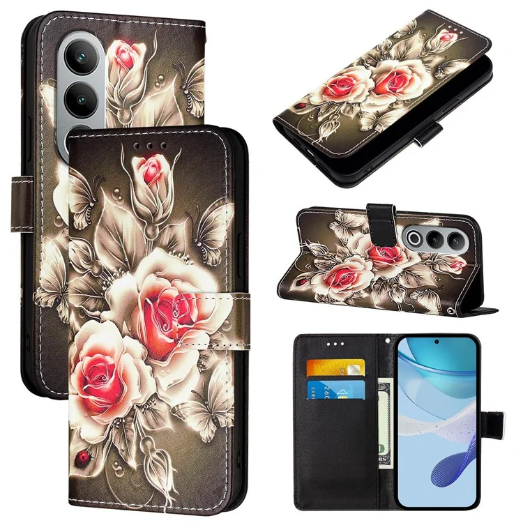 For OnePlus Nord CE4 5G Leather Case with Strap and Card Holder Pattern Printing Phone Stand Cover - Rose