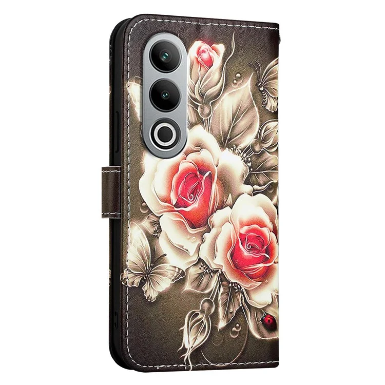 For OnePlus Nord CE4 5G Leather Case with Strap and Card Holder Pattern Printing Phone Stand Cover - Rose