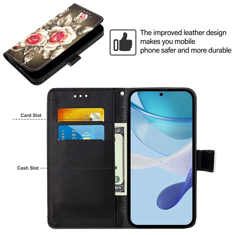 For OnePlus Nord CE4 5G Leather Case with Strap and Card Holder Pattern Printing Phone Stand Cover - Rose