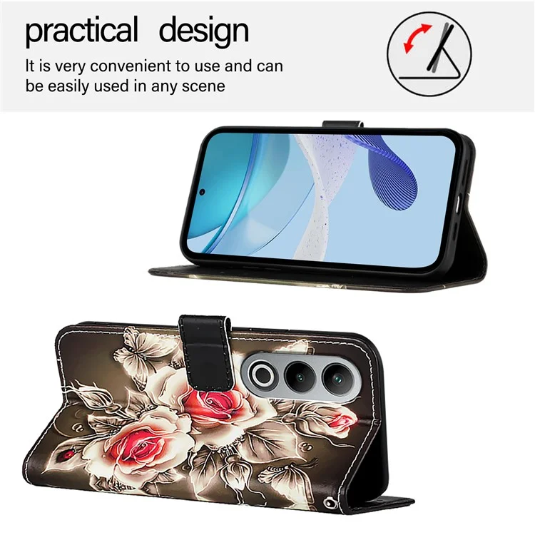 For OnePlus Nord CE4 5G Leather Case with Strap and Card Holder Pattern Printing Phone Stand Cover - Rose